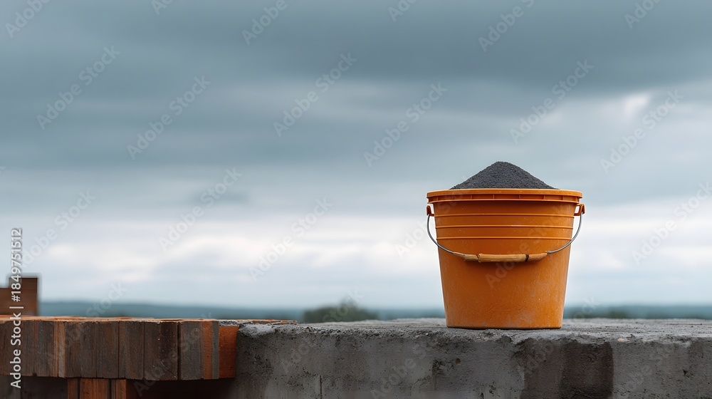 Naklejka premium A construction site bucket filled with gray powder sits on a concrete ledge under an overcast sky