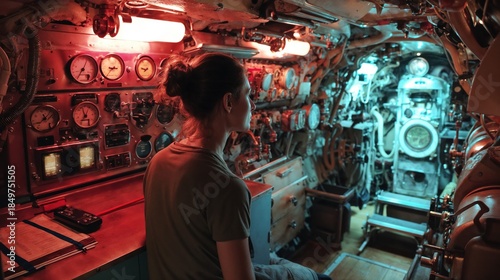 Woman observing complex control panel inside a vintage submarine interior