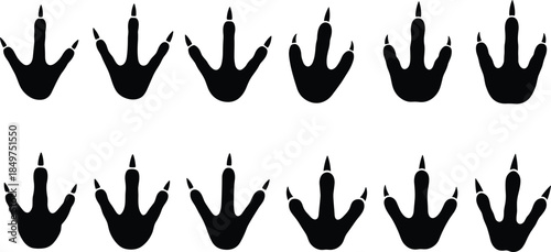 Dinosaur footprint silhouettes prehistoric animal tracks fossil trace icons black shapes isolated on white background vector illustration