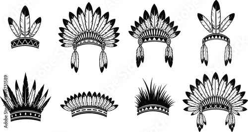 Feather headdress silhouette icon set traditional ceremonial headwear tribal style vector illustration isolated on white background