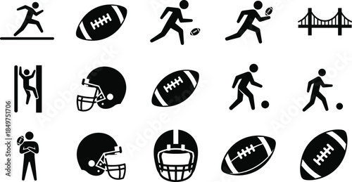 American football icons set with players helmets ball and actions flat black vector illustration isolated white background sports collection