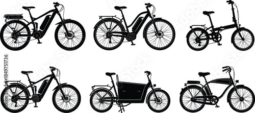 Electric bicycle silhouettes set including cargo folding city ebikes black flat vector illustration isolated white background transport collection