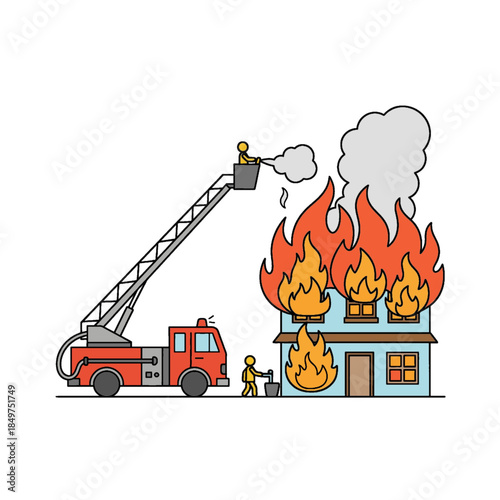 Flat illustration of a firefighter extinguishing a burning house with a water hose next to a fire truck, symbolizing emergency response, rescue services, and fire safety.
