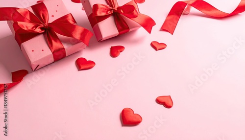 Two elegant pink gift boxes adorned with red ribbons and scattered heart shapes on a soft pink background.