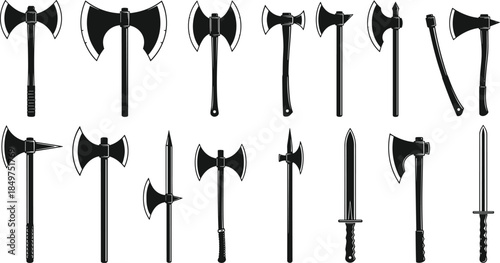Battle axes and medieval weapons silhouettes set black flat vector illustration isolated white background warrior combat weapon collection