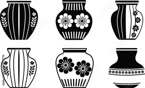 Decorative ceramic vase icons set with floral patterns flat black vector illustration isolated white background home decor collection