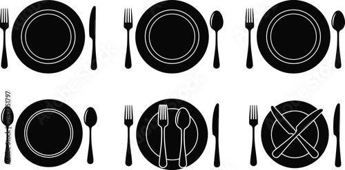 Dining table setting icons with plate fork knife spoon silhouettes flat black vector illustration isolated white background restaurant etiquette design