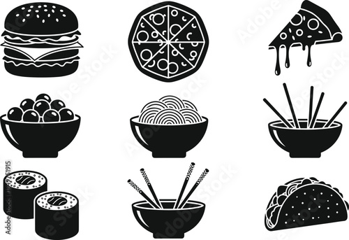 Fast food and Asian cuisine icons set, burger pizza sushi noodles taco illustrations, restaurant menu symbols, black and white vector design