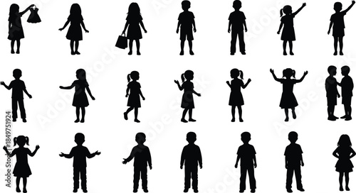 Children silhouettes collection, kids poses set, boys and girls activities, childhood behavior icons, black and white vector illustration