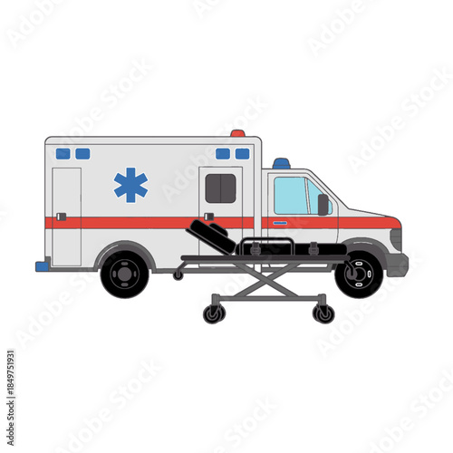Ambulance, hospital wheelchair, building vector illustration. Health care, medical treatment, transportation. Male patient lying on bed in modern intensive care room, flat vector illustration.