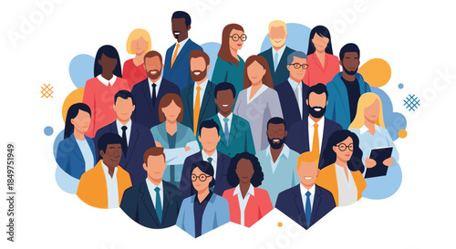 A diverse and multicultural group of professional business people standing together, representing teamwork and global community.