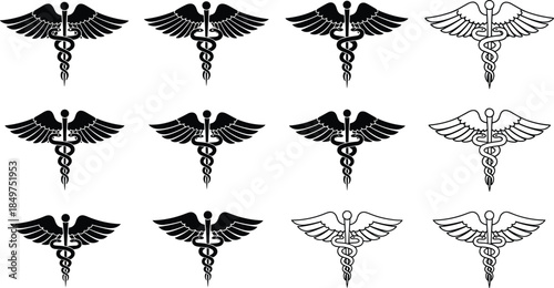 Caduceus medical symbol silhouettes collection, healthcare emblem with wings and snake staff, medicine logo set, black and white vector illustration
