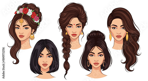 A stunning collection of five beautiful women with various elegant hairstyles, makeup, and traditional Indian-inspired jewelry.