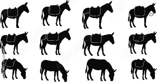 Donkey silhouette set with saddlebags showing pack animals in standing and grazing poses isolated on white background
