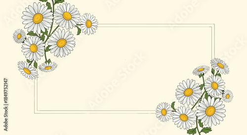 A beautiful floral background frame decorated with lovely white and yellow daisy bouquets, perfect for invitations or cards.