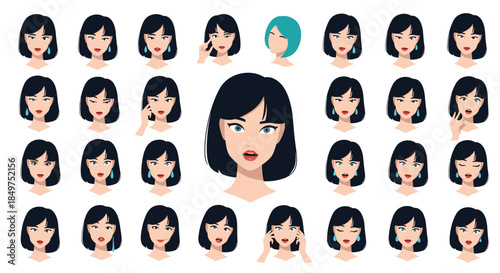 A large collection of facial expressions for a female character with short black hair, showing a wide range of emotions.
