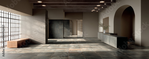 Minimalist interior with large windows and natural light, featuring stone floor, wooden bench, and modern archway design