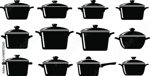 Cooking pot and saucepan silhouette set with lids, kitchen cookware icons collection isolated on white background