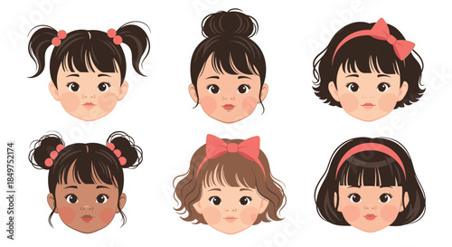 A delightful collection of six cute cartoon girl faces with various hairstyles and expressions isolated on a white background.