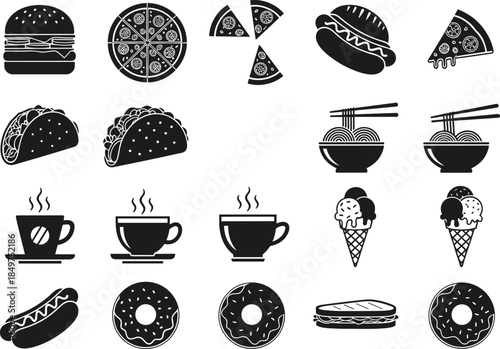 Fast food and cafe silhouette icon set with burgers, pizza, tacos, noodles, coffee, donuts and desserts isolated on white