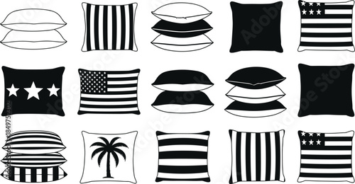 Decorative pillow silhouette vector set featuring cushions, throw pillows, striped and patterned home decor icons isolated on white background