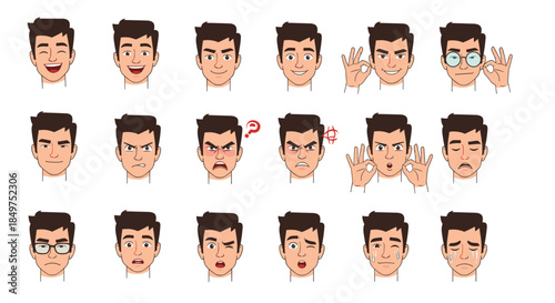 A collection of various facial expressions for a cartoon man character, showcasing emotions like joy, anger, and sadness.