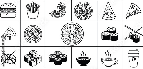 Fast food and sushi line icon vector set featuring pizza, burger, fries, noodles, coffee and Japanese cuisine symbols isolated