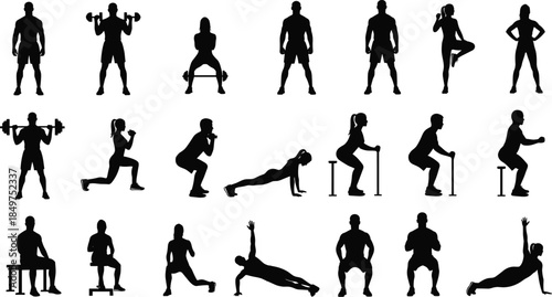 Fitness workout silhouette vector set featuring gym exercises, strength training, squats, lunges and bodyweight movements isolated on white background