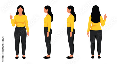 Full character turnaround sheet of a woman in casual clothes, showing front, back, and side views for animation or design.