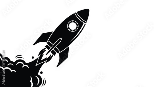 Black silhouette of a rocket ship launching into space on a isolated on white background