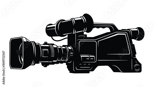 Black silhouette of a vintage video camera against a isolated on white background