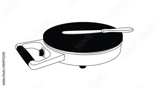 Black and white flat illustration of a crepe maker with a spatula on top isolated on white background