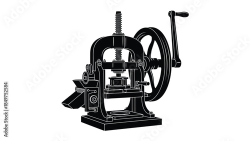 Black silhouette of vintage manual paper hole punch machine isolated on white background