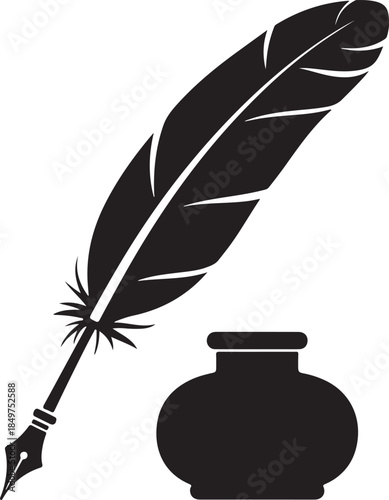 Classic quill pen and inkwell icon symbolizing old writing, literature, and wisdom