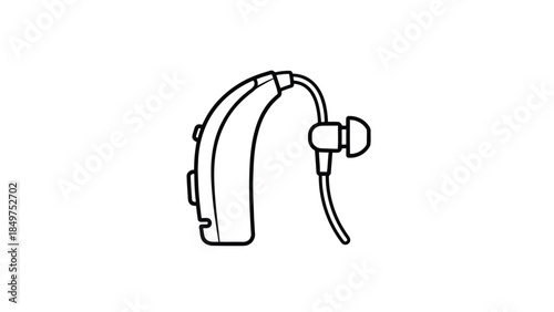 Black line drawing of a behind-the-ear hearing aid on a isolated on white background