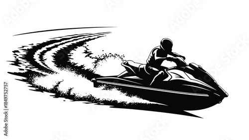 Man riding jet ski on water silhouette black isolated on white background