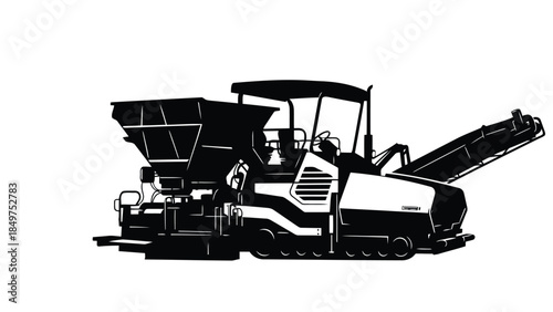 Black silhouette of an industrial paver machine with tracks and conveyor belt isolated on white background