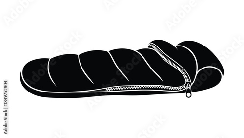 Black sleeping bag silhouette with zipper isolated on white background
