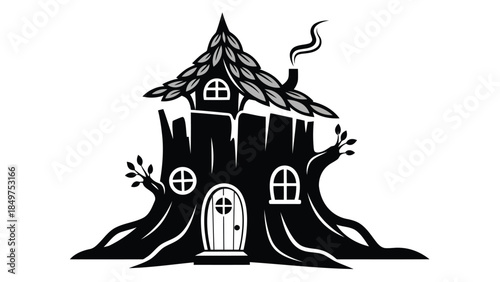 Black silhouette of a whimsical treehouse with a pointed roof and smoke rising from the chimney on a isolated on white background