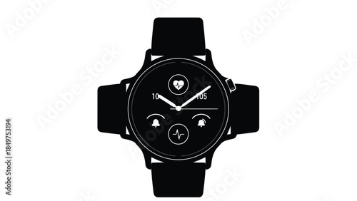Black smartwatch silhouette with white interface elements isolated on white background