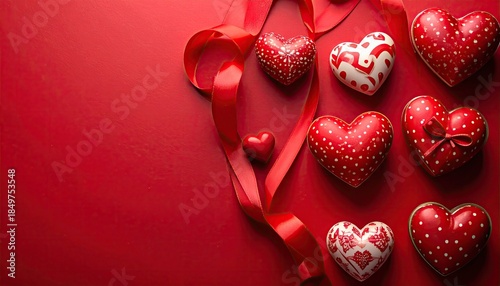 Decorative heart shapes and red ribbon arranged on a vibrant red background for celebration.