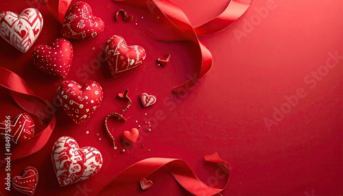 Delicious heart shaped chocolates and cookies arranged with red ribbons on a vibrant red background.