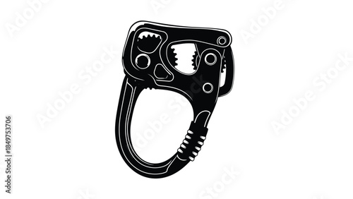 Black silhouette of climbing carabiner hook with screw lock isolated on white background
