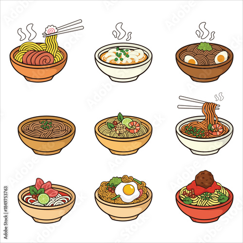 Set of hand-drawn noodle bowl illustrations featuring various noodle dishes with toppings and steam. Perfect for food menus, restaurant branding, culinary projects, packaging, and digital illustration
