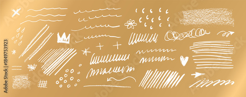 Vector hand drawn scratches for lottery scratch and win tickets. Casino gambling cards design. Grungy arrows, crown, heart and waves. White brush stroke scribble textures isolated on shiny golden bg