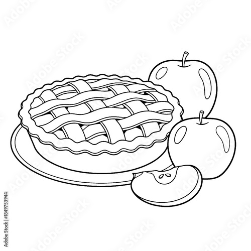 coloring book Freshly baked apple pie with 2 apples served around it