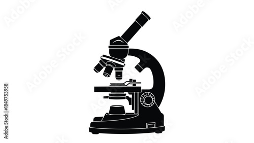 Black silhouette of a microscope on a , minimalist flat design isolated on white background
