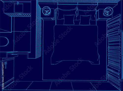 A minimalist apartment floor plan blueprint outlines a central bed with pillows and basic furnishings in a sparsely decorated room. Top view