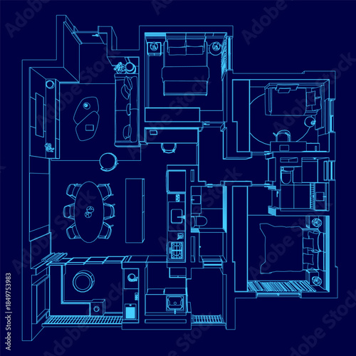 A detailed two-bedroom apartment floor plan blueprint on a blue background illustrates the room layout with furniture and appliance placement. Top view
