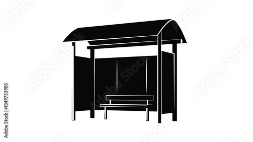 Black silhouette of a bus stop shelter with a bench isolated on white background